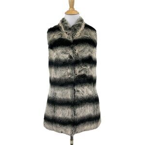 Rachel Zoe Vest Womens S Small Black Beige Faux Fur Striped Retro Hidden Clasps